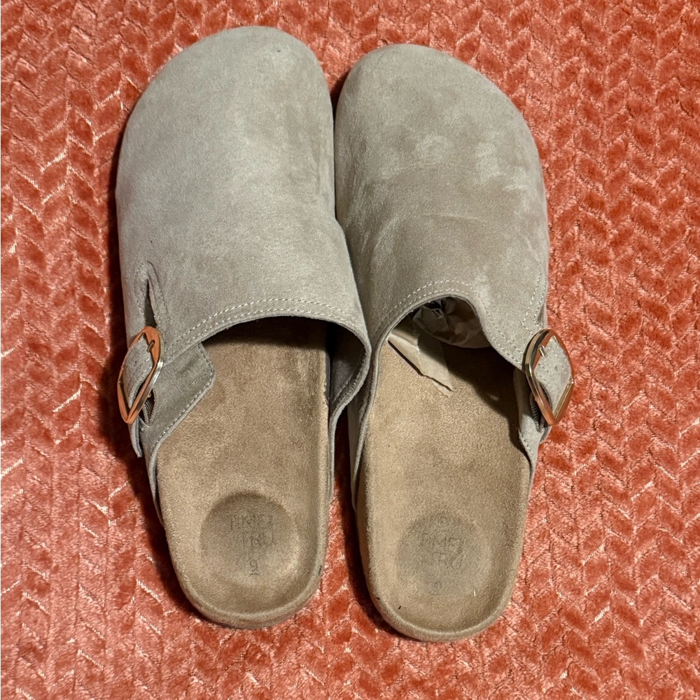 Time and Tru Taupe Suede Slip-On Clogs with Buckle